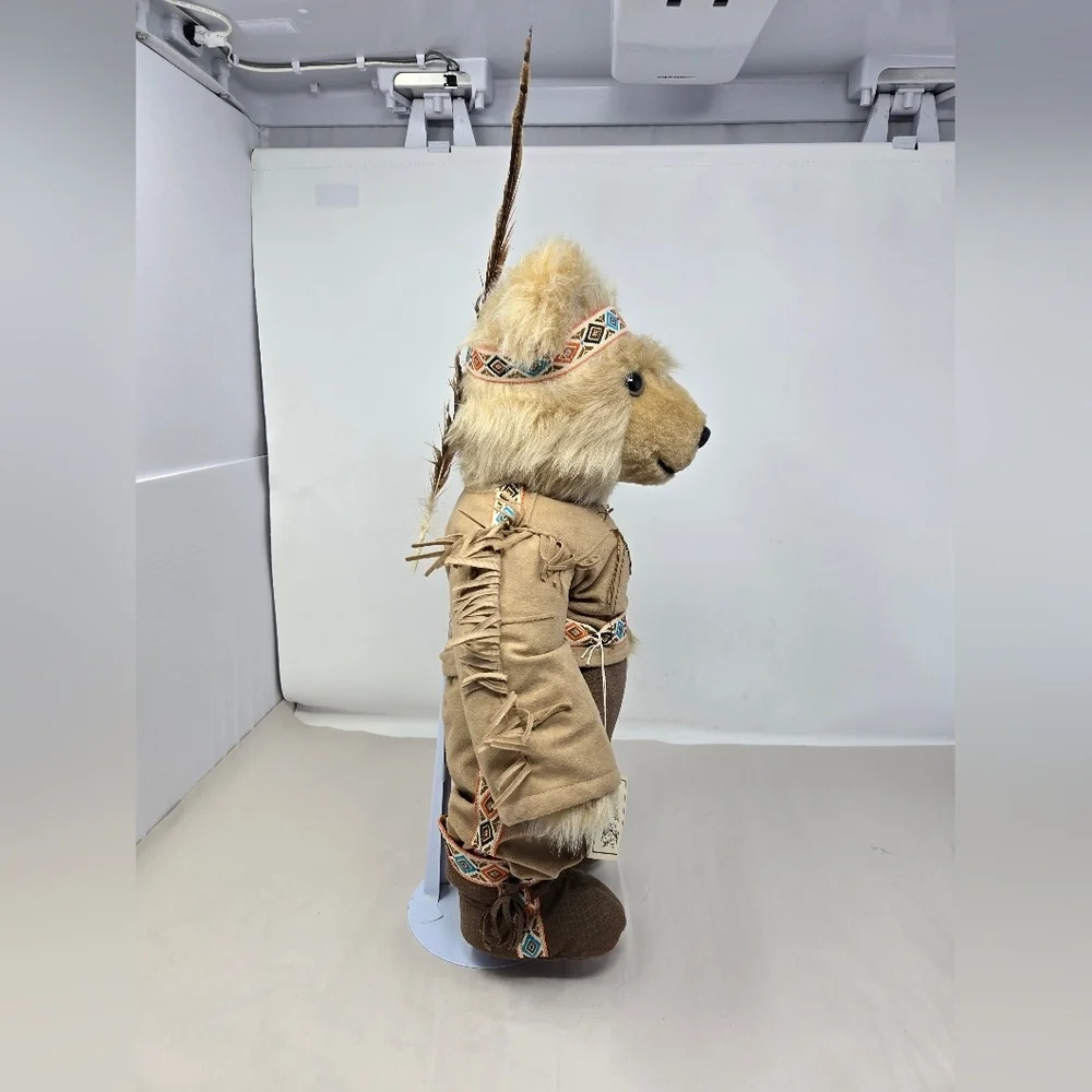 Hollow Log Collectibles Lil Bear Native American Outfit On Stand Fringe Feathers